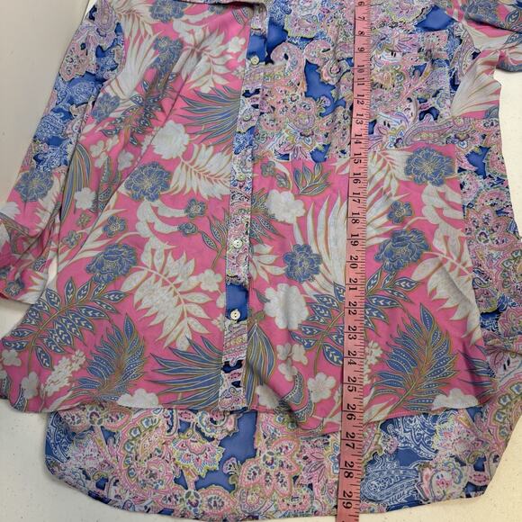 Rose & Olive Floral Button Down Top Women's 1X Pink Blue Paisley Tie Knot Light - Picture 10 of 12
